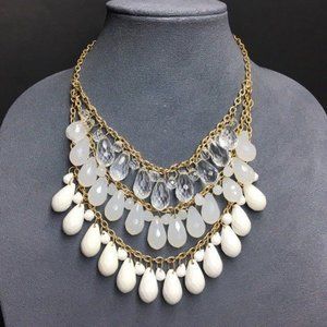 White Teardrop Statement Necklace Gold Chain Clear Frosted Diva Bib Glam Chunky